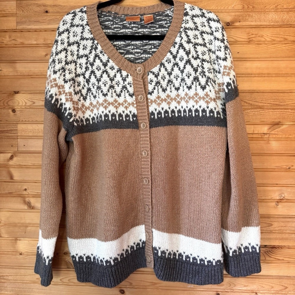 North Crest Cardigan Fair Isle Tan Glitter Sweater Plus 2X Layer Classic Ski